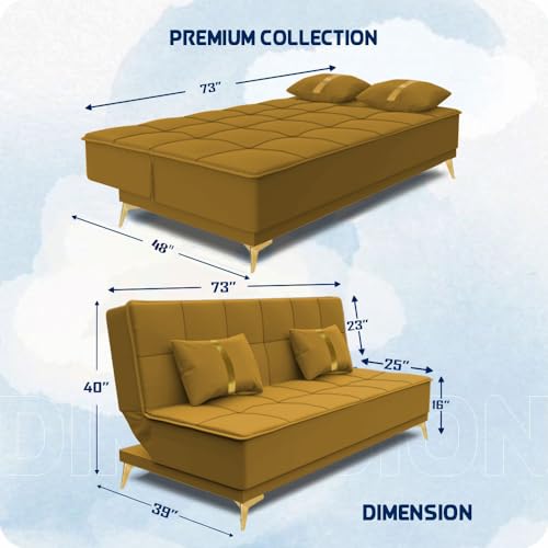 Image of Adorn India Premium New Alyssum 3 Seater Sofa Cum Bed 4X6 Velvet Suede with 2 Cushions (Color Yellow) and Suitable for All Indoor, with 3 Years Warranty