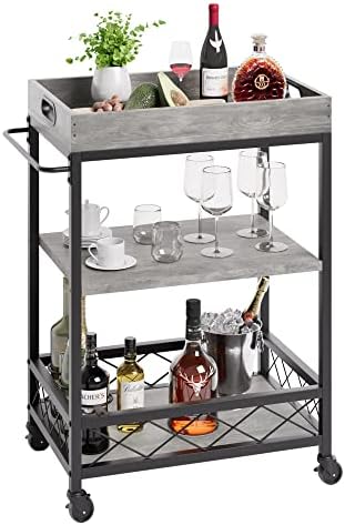 IDEALHOUSE Bar Cart, Bar Carts for The Home, Bar Carts on Wheels, 3 Tier Bar Cart with Wine Rack, Wheel Locks (Grey)
