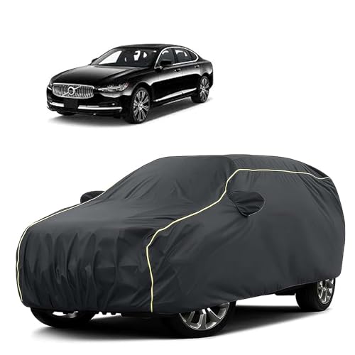 Image of Sulfar 100% Water Resistant Car Body Cover Compatible with Mirror for Volvo S 90 (Triple Stitched, Full Bottom Elastic, Dark Grey Tafetta with Yellow Piping)