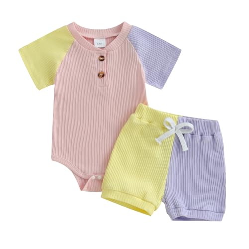 Thorn Tree Baby Girl Clothes Summer Ribbed Short Sleeve T-Shirt Button Collar Contrast Color Outfits Stretchy Shorts Set (Pink, 0-3 Months)