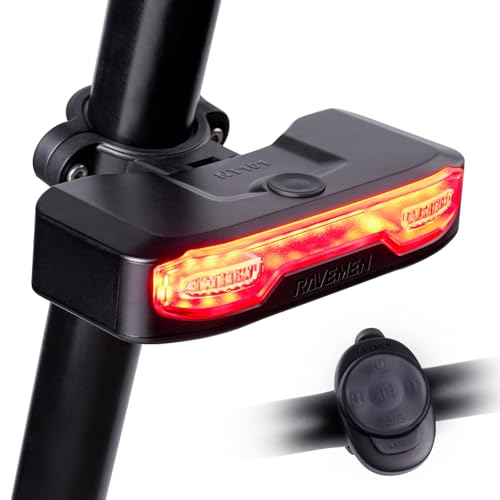 RAVEMEN Bike Tail Light with Turn Signals 160 Lumens Rear Bicycle Light with Horn Alarm Auto On/Off Brake Light Ground Warning Lights for Seatpost and Cargo Rack Night Riding Safety