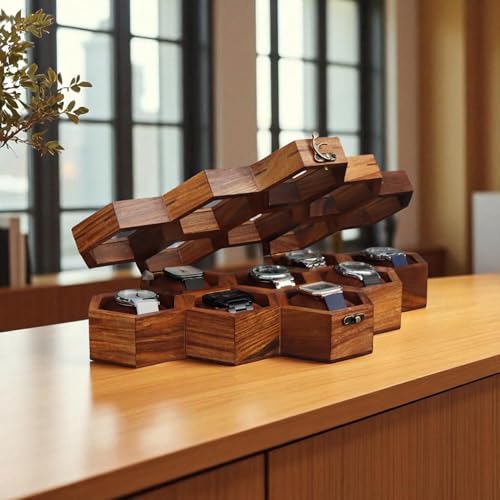 Image of Vintage Wooden Watch Box for Men, Timepiece Display Case, Honeycomb Watch Storage & Organizer, Jewlery Box for Women, Anniversary Gift For Husband (8 Compartments)