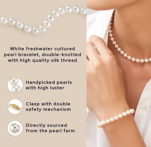The Pearl Source White Freshwater Pearl Bracelet For Women - Cultured Pearl Bracelet With 14K Gold Plated Clasp With Genuine Cultured Pearls, 7.0-7.5Mm #TOP4