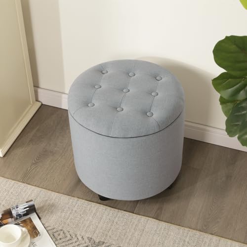 Homebeez Rolling Storage Ottoman with Removable Lid, 17.3 Round Tufted Linen Footstool on Wheels, Mobile Vanity Chair for Living Room & Bedroom, 330lb Capacity, Light Grey