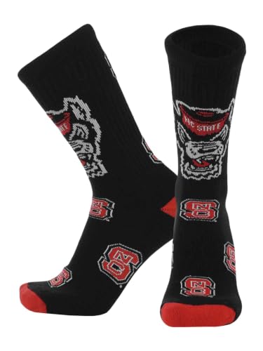 TCK NC State Wolfpack Crew Socks - Mens & Womens NCAA Fan Apparel - Mayhem (Black/Scarlet/White Made in USA Large)