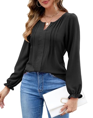 ROFUSSO Camisetas de Manga Larga con Cuello en V para Mujer Elegantes Camisas de Manga Larga Otoño Casual de Manga Larga Tops