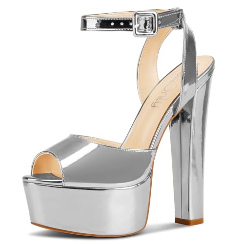 Image of NobleOnly Womens High Block Platform Heel Peep Toe Ankle Strap Sandals Buckle Prom Dress Shoes 5.9 Inches Heels