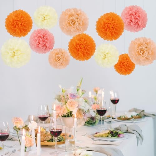 Image of BestoFun 16Pcs Pink & Orange Party Decorations - Pom Poms, Paper Flowers & Boho Groovy Decorations for Fall, Autumn, Thanksgiving, Birthday, Baby Showers & Weddings