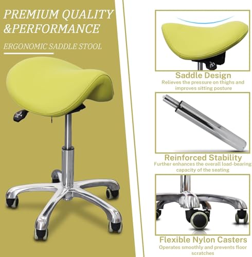 LIMKOMES Saddle Stool Tilting Available Ergonomic Swivel Stool Chair with Hydraulic Lifting Height Adjustable Rolling Stool for Office Desk Clinic Dentist Spa (Olive Green) - Thumbnail 4