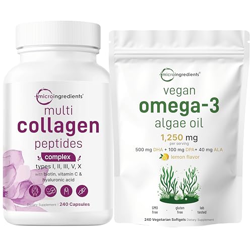 Micro Ingredients Multi Collagen Complex & Vegan Omega 3 Algae Oil Supplement Bundle 2 Pack | Grass-Fed Collagen Peptides | Omega-3 Full Spectrum Alternative to Fish Oil