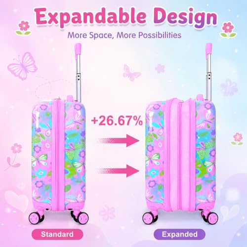 Image of CCJPX 5Pcs Kids Luggage Set, 16 inch Girls Travel Suitcase with Spinner Wheels, Butterfly Hardside Carry on Toddler Rolling Suitcase Airline Approved(Pink)
