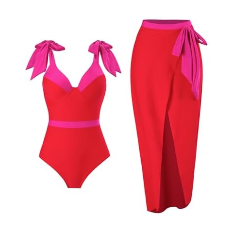 IDOPIP Women's One Piece Swimsuit with Cover up Beach Skirt Flower Floral Printed Swimsuit Bathing Suit Ruffle V-Neck Monokini Swimwear Sarong Coverups Two Piece Bikini Set Beachwear Red + Hot Pink L Cover