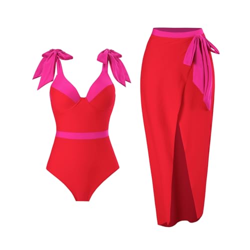 OBEEII One Piece Swimsuit with Cover up for Women Retro Floral Tummy Control Bikini Chiffon Wrap Skirt Two Piece Bathing Suit