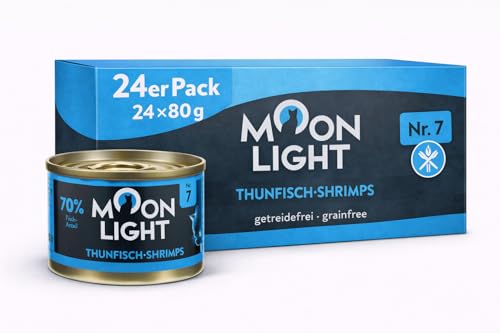 Moonlight Premium Nassfutter Katze Nr. 7 – 24x80g Dose – Getreidefrei mit Thunfisch und Shrimps – Feines Filetfutter im eigenen Saft – Hochwertiges Katzenfutter für Feinschmecker
