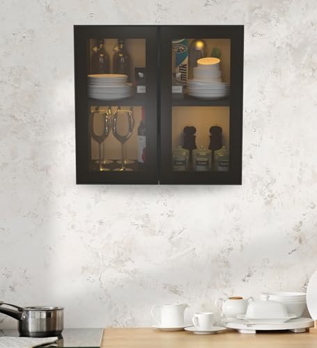 Image of SPECIALITY PANELS Aluminium Black Profile 2 Door Wall Cabinet | Brown Tinted Glass Handless Shutters | Wall Mounted Kitchen Storage Cupboard | Modern Space Saving Organizer | DIY Assembly