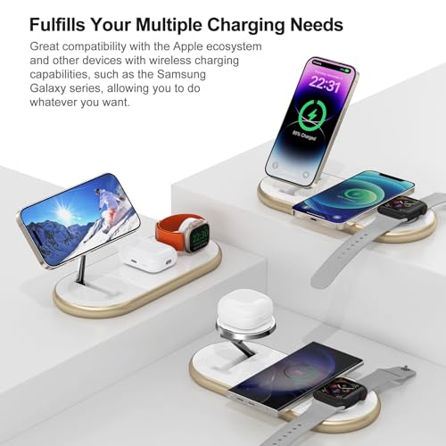 Image of Magnetic Charging Station, 3 in 1 Faster Mag-Safe Wireless Charger Stand, Wireless Charging Pad for Apple Devices, iPhone 17 /16 /15 /14 /13 /12 Series, iWatch Series, AirPods (Golden)