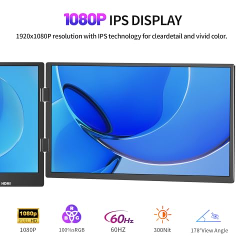 Image of 14 inch Laptop Screen Extender, Quad Monitor FHD 1080P HDR Portable Triple Monitor for 11-17.3 inch Laptops, Full Aluminum IPS Foldable Display with 360 Rotation, USB-C & HDMI for Windows and Mac(Drive Need)