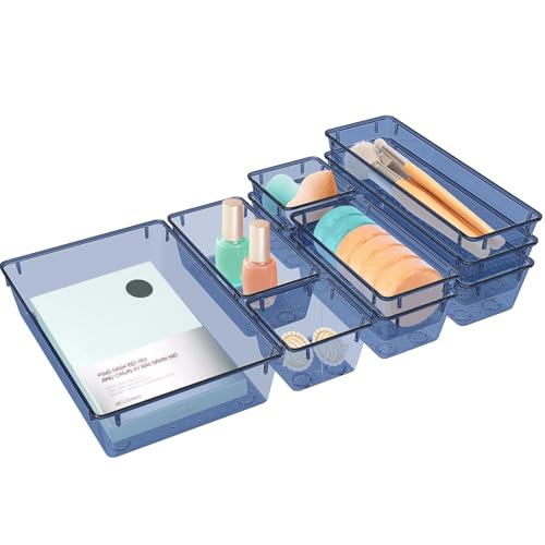 Image of 10 PCS Drawer Organizer Set, 5 Size Bathroom and kitchen organizer Trays | Bathroom and kitchen Drawer cabinet organizer Trays, Clear Storage Bins for Makeup, Jewelry, Utensils and Gadgets