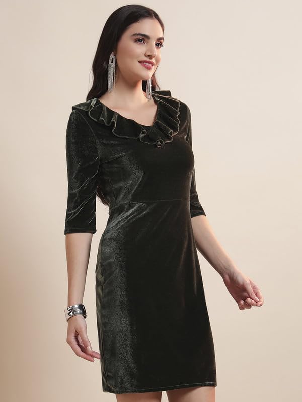 Image of Vaararo V-Neck Party Dress for Women Bodycon | Shiny Velvet Half Sleeves Above Knee Length Outfit