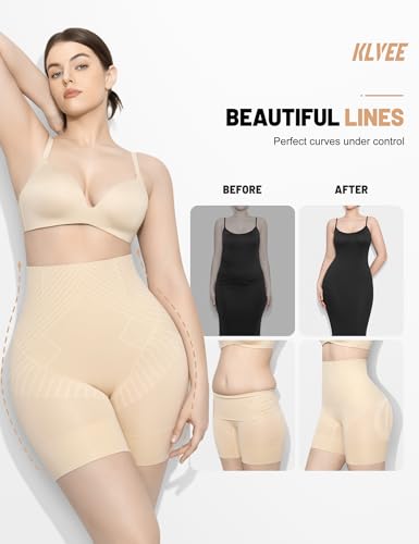 KLVEE High Waisted Shapewear Tummy Control Shorts for Women, Body Shaper, Seamless Shaping Thigh Slimmer Under Dress Nude - Thumbnail 4