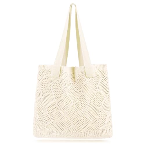 Image of COOKOOKY Lined Crochet Tote Beach Shoulder Bag Women Casual Work Shopping | Lined crochet tote with soft structure, perfect for beach, work, shopping. Roomy & lightweight for daily use.