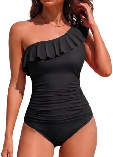 Hilor Women One Piece Swimsuit One Shoulder Tummy Control Swimwear