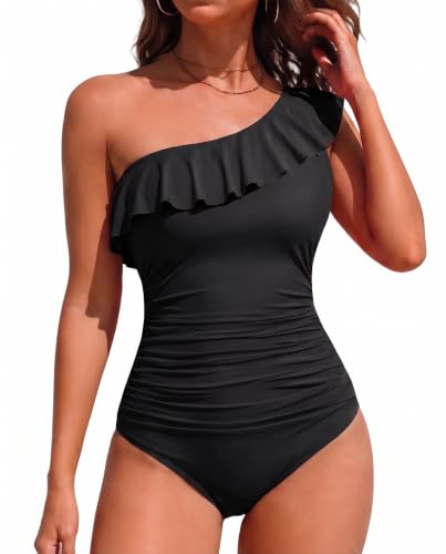 Hilor Flattering Tummy Control Swimsuits for Curvy Women Retro One Shoulder Swimwear Cute Slimming Bathing Suits Black 14