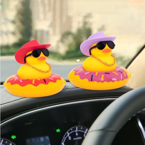 Image of wonuu Car Rubber Duck, Yellow Duck Decoration Dashboard with Sun Hat Swim Ring Necklace Sunglasses for Car Dashboard Decorations, Purple Cowboy Hat-Purple Donut