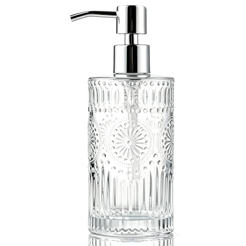 Image of Vintage Glass Soap Dispenser, 16 fl oz Refillable Liquid Hand Soap Bottle with Pump, Sunflower Embossed Dish Soap Dispenser for Bathroom, Kitchen, Shower (Clear)