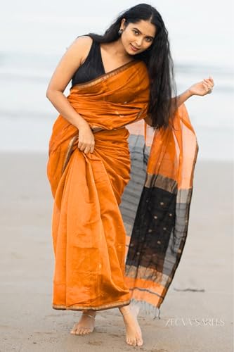 Image of ZECVA Women's Pure Soft Spun Cotton Lichi Silk Saree For Women With Attach Unstitch Blouse Piece