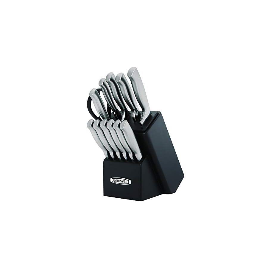 Farberware-Self-Sharpening-13-Piece-Knife-Block-Set-with-EdgeKeeper-Technology-Black Farberware Self-Sharpening 13-Piece Knife Block Set with EdgeKeeper Technology, High Carbon-Stainless Steel Kitchen Knives, Razor-Sharp Knife Set with Wood Block, Black