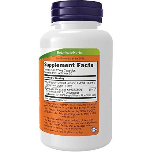 Now Supplements, Dgl With Aloe Vera (Deglycyrrhizinated Licorice), 100 Veg Capsules #TOP1