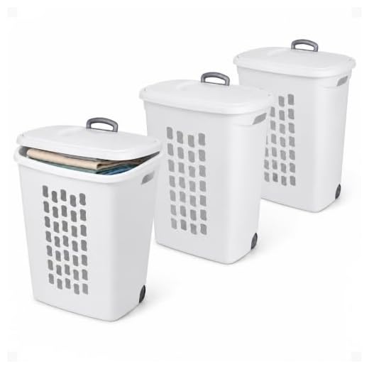 Sterilite 12228003 Ultra Wheeled Hamper, White Lid & Base w/ Plastic Handle & Wheels, 3-Pack