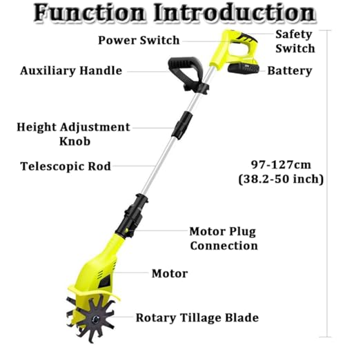 Motozappa elettrica senza fili da 20 V, coltivatore a basso rumore con larghezza di 10,5 cm/25 cm, profondità 25 cm/22 cm, 250/270 giri/min per prato e giardinaggio