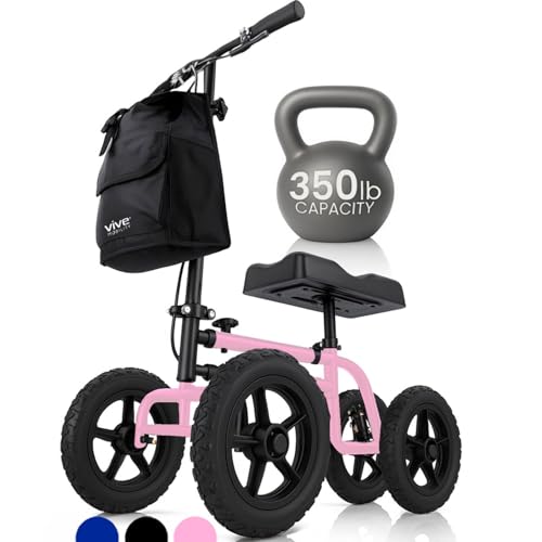 Vive Mobility All Terrain Knee Walker - Steerable Scooter for Broken Leg, Foot, Ankle Injuries - Kneeling Quad Roller Cart - Orthopedic Pad for Adult and Elderly Medical - 4 Wheel Caddy Crutch (Pink)