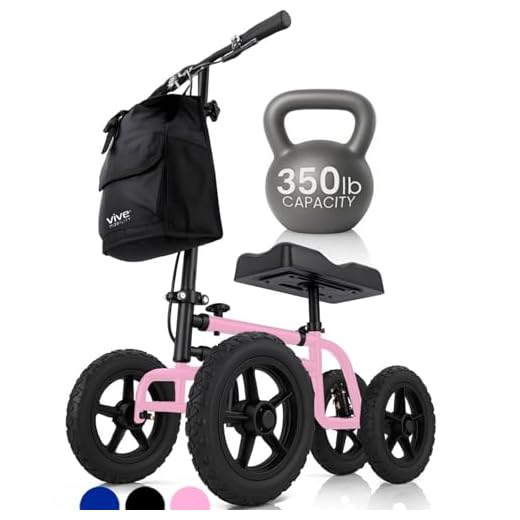 Vive Mobility All Terrain Knee Walker - Steerable Scooter for Broken Leg, Foot, Ankle Injuries - Kneeling Quad Roller Cart - Orthopedic Pad for Adult and Elderly Medical - 4 Wheel Caddy Crutch (Pink)