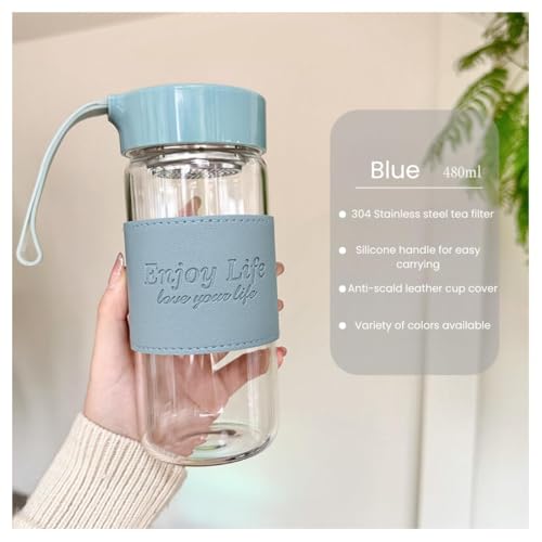 Image of Wosta Leakproof Glass Water Bottle with Stainless Steel Infuser Glass Tea Infuser Bottle with Strainer and Neoprene Sleeve for Loose Leaf Tea, Cold Brew Coffee. (A - BLUE, 480ML)