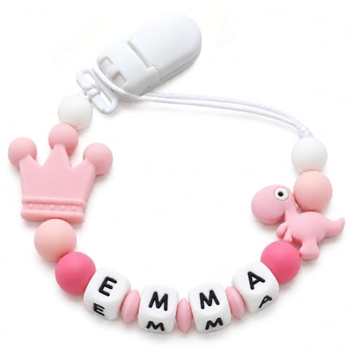 Image of Personalized Pacifier Clip with Name, Custom Silicone Binky Holder for Boys Girls, Dinosaur & Crown Pacifier Chain