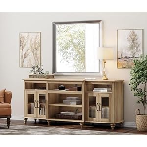 WAMPAT Farmhouse TV Stand for TVs Up to 75 inch 4 Door Glass and Wood Universal TV Console with 9 Storage Cabinets Oak Entertainment Center Table for Living Room Bedroom70