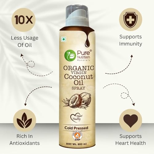 Image of Pure Nutrition Organic Extra Virgin Coconut Oil Spray - 200ml | 100% Pure, Edible & Cold Pressed | Ideal for Cooking, Baking & Salad Dressing | Non-GMO, Zero Cholesterol | Easy-to-Use Spray for Skin & Hair Care
