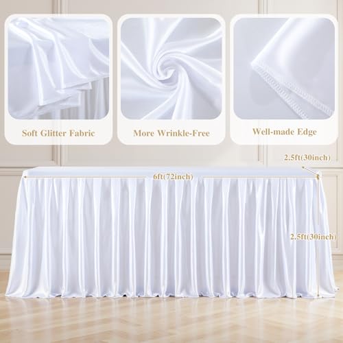 6FT White Satin Tablecloths for Rectangle Tables - Shiny Spandex Party Table Cover with Pleated Table Skirt, No-Wrinkle & Glossy Wedding Tablecloth One-Piece for Birthday Baby Shower Banquet Ceremony