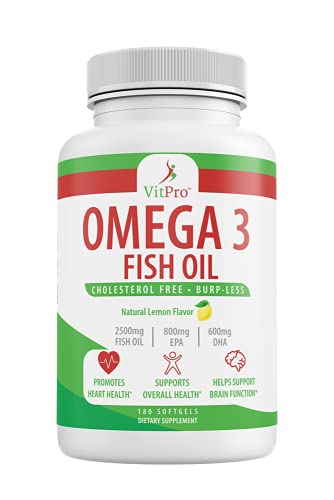 Vitpro Triple Strength Omega 3 Fish Oil - 2500Mg With Epa And Dha, Cholesterol Free, Burp-Less, Joint Support, Promotes Brain & Heart Health, Non-Gmo, Natural Lemon Flavor - 180 Softgels #TOP3