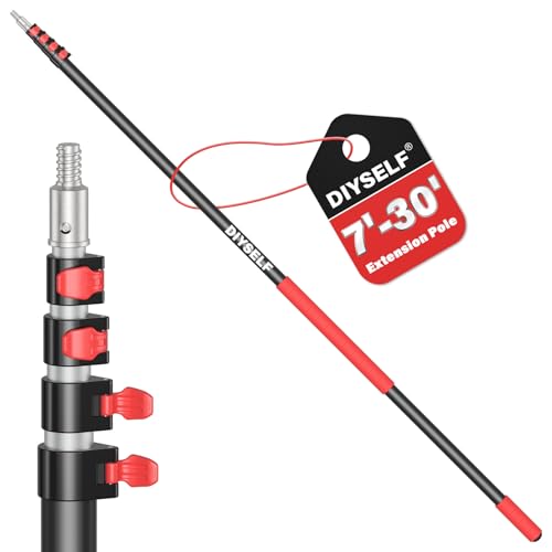DIYSELF 30 FT Paint Extension Pole, Adjustable Telescoping Pole with Locking Mechanism, Comfortable Sponge Handle, 7-30 Ft Extension Pole for Cleaning, Paint Pole for Painting, Gutter Washing