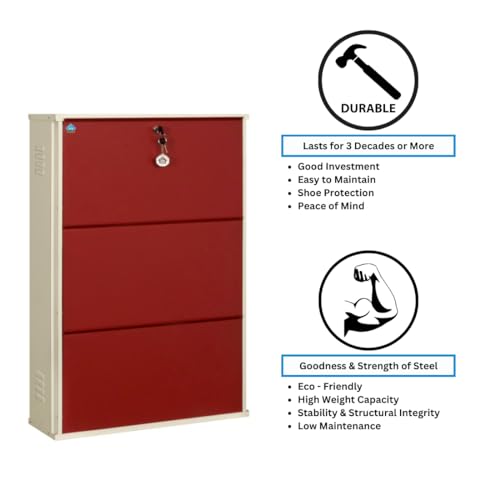 Image of DELITE KOM 29 inch Wide, 6 Shelf Metal Shoe Rack Wall Mounted for Home with Central Lock Holds Upto 24 Shoes or 36 Slippers Pair Double Decker, 1Yr Warranty, (41x29x8, Ivory Brick Red), DIY, Space Saver