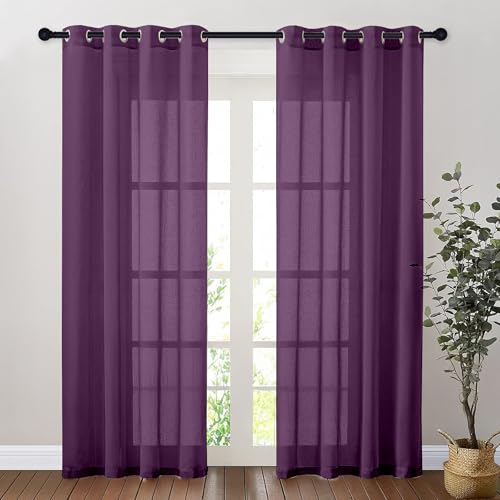 Image of Amazon Basics - Linen Textured Sheer Door Curtains | Light Filtering | 5 Feet | Set of 2 | Plain Design | for Living Room, Bedroom & Balcony | 150cm x 115cm, Color - Purple