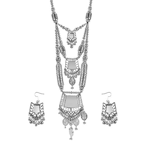 Aradhya Designer Mirror German Silver Oxidized Necklace Set with Earrings for Women