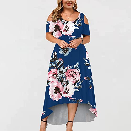Timemeans Plus Size Women Empire Waist Asymmetrical High Low Bohemian Maxi Dress Short Sleeve Floral Print G Blue Xx-Large #TOP1