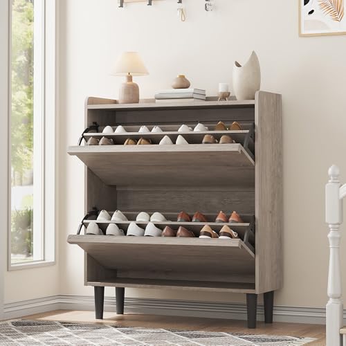GarveeHome Shoe Cabinet with 2 Flip Drawers, Wooden Shoe Organizer with Adjustable Shelf, Shoe Storage for Entryway, Hidden Shoe Cabinet for Hallway, Living Room, Grey