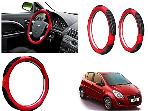Image of Microfiber Car Steering Wheel Cover, Soft Padding Great Hand Feel, Anti-Slip, Faux Leather Steering Cover for Maruti Suzuki Ritz Type2 | Black Red Jali - Pack of 1