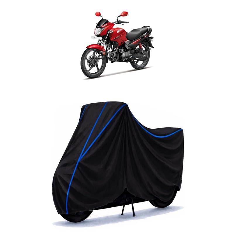 Image of Hero Glamour Disc Bike Cover Water Resistant Universal Motorcycle Rain | Heavy Duty UV Protection, Dust, Scratch Indoor Outdoor All Weather with Black Blue Piping Elastic